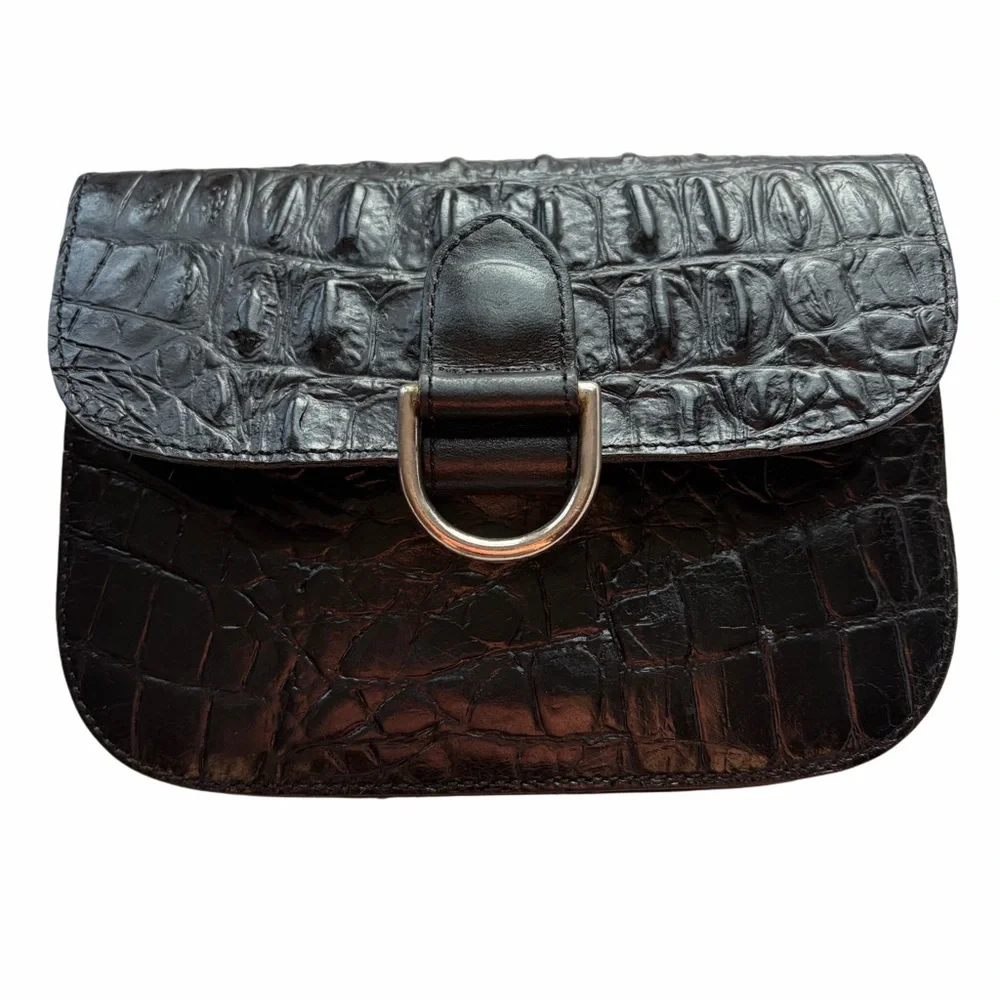 Joan & David Black Croc-Embossed Leather Belt Bag with‎ Silver D-Ring